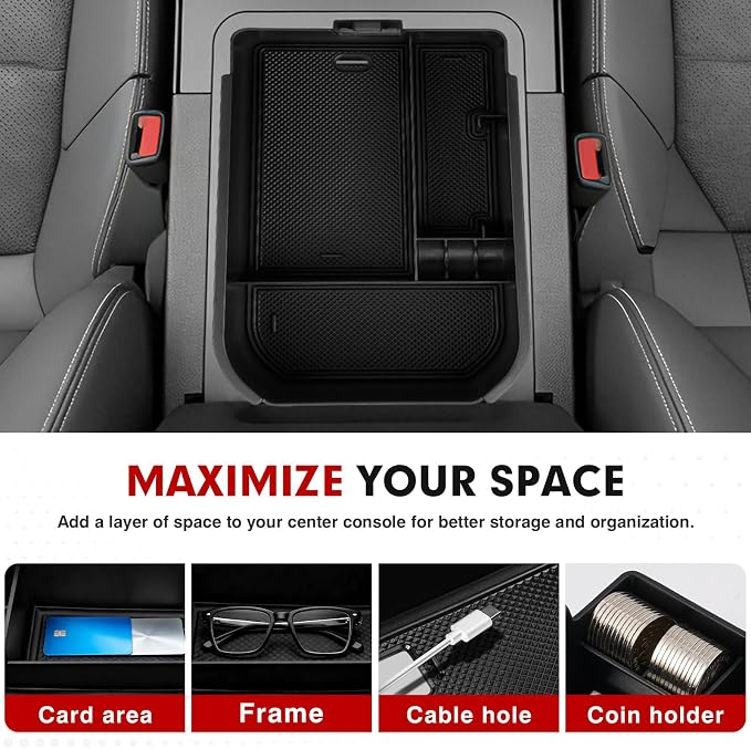 Autorder Center Console Organizer for 2024 2025 2026 Toyota Land Cruiser 250 Prado J250 LC250 Accessories Armrest Storage Box Secondary Insert Tray with Black & Red Silicone Mats(Not for Cool Box)