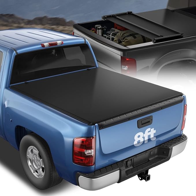 Auto Dynasty Soft Tri-Fold Truck Bed Tonneau Cover Compatible with 2007-2014 Chevy Silverado GMC Sierra 1500 2500 3500 & HD 8Ft Fleetside/Styleside Bed Without Bed Rail System, Matte Black
