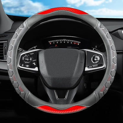 3D Honeycomb Red Steering Wheel Cover, 14.5-15 Inch Non-Slip Breathable Leather Car Steering Wheel Cover for Men Women