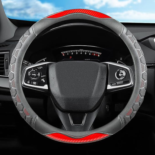 3D Honeycomb Red Steering Wheel Cover, 14.5-15 Inch Non-Slip Breathable Leather Car Steering Wheel Cover for Men Women