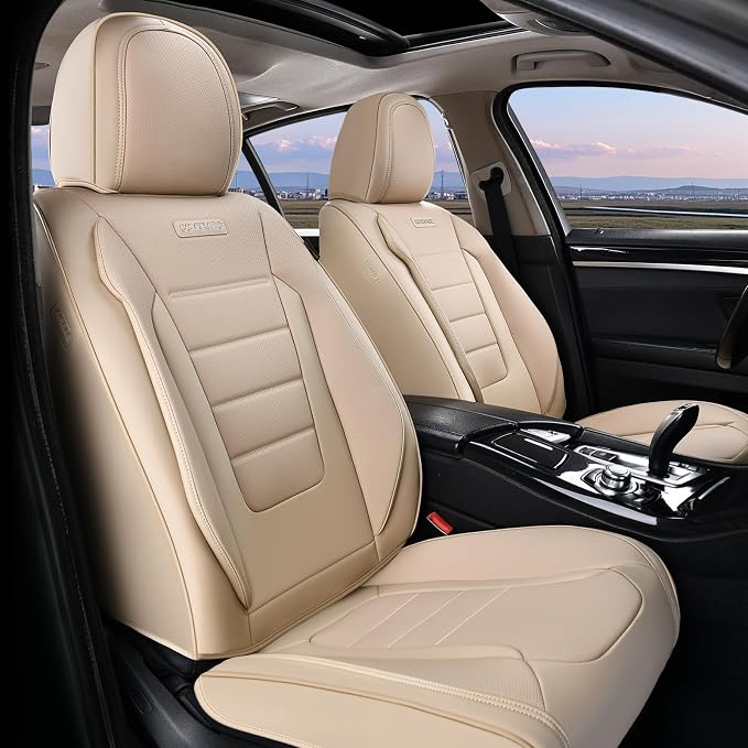 Coverado Front and Back Seat Covers for Cars, Nappa Leather Car Seat Covers, Automotive Seat Covers for Trucks, 5 Seats Waterproof Carseat Protector Car Seat Cover Beige, Universal Fit for Most Cars