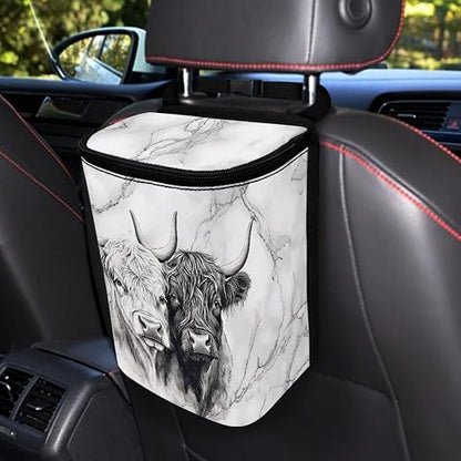 Talayituse Highland Cattle Marble Print Car Trash Bin, Large Size Auto Trash Can Adjustable Portable Garbage Can with Lid, Vehicle Hanging Bag for Headrest Front Back Seat