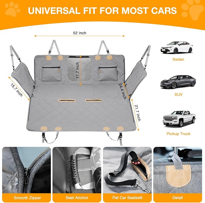 Dog Car Seat Cover for Back Seat, Hard Bottom Back Seat Extender for Dogs, Waterproof Car Hammock, Backseat Bed and Car Seat Protector, Nonslip Fit for Cars, SUVs, Trucks, 52 x 25 in, Gray
