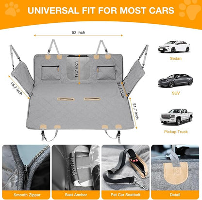 Dog Car Seat Cover for Back Seat, Hard Bottom Back Seat Extender for Dogs, Waterproof Car Hammock, Backseat Bed and Car Seat Protector, Nonslip Fit for Cars, SUVs, Trucks, 52 x 25 in, Gray