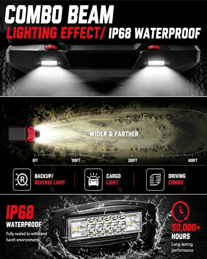 Flush Mount LED Pods Off Road Lights Work Light for 4x4 Offroad Truck SUV | 2pcs 120w Spot Beam LED Light Pods, High Intensity Visibility Ip68 Waterproof, with Wiring Harness Kit, Easy Installation