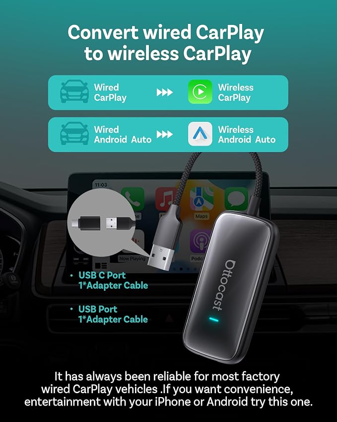 OTTOCAST Play2Video Ultra 2026 Wireless CarPlay Adapter for Car, AI Box for OEM Wired CarPlay, Dual WiFi Auto-Connect Plug & Play Bluetooth 5.4