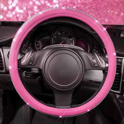 CAR PASS Diamond Pink Leather Steering Wheel Cover, with Bling Crystal Rhinestones Universal Fit 14" 1/2-15" Crystal Glitter for Women Sparkle Girl Fit Suvs,Vans,Sedans,Cars,Trucks, Pink Diamond