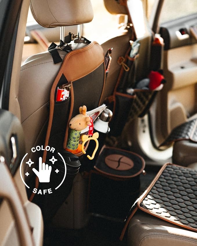 Owleys Back of Seat Organizer for Kids | Car Storage Caddy – 8 Pockets + Transparent Tablet Holder | Waterproof Eco-Leather | 27.5' x 18.5' | Brown+Black