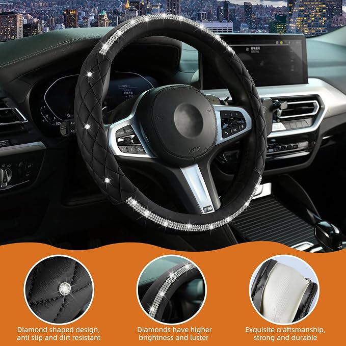 Steering Wheel Cover，with Sparkly Crystal Rhinestone, Delicate and Anti-Slip Bling Steering Wheel Cover ，Adaptable to 14.5-15 inches Car Wheel Protector for Women Girl，Diamond Car Accessories, Black