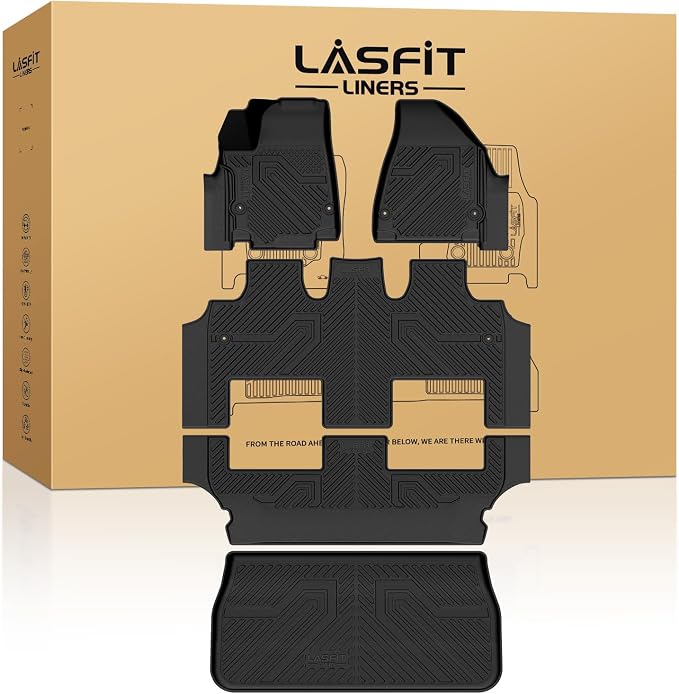 LASFIT Floor Mats&Trunk Cargo Liners for Chrysler Pacifica Hybrid 7-Seater 2017-2026 (Not Fit STO-n-Go Seating) All Weather TPE Mat Floor Liners for Pacifica 2021 2022 2023 2024 2025 2026 Accessories