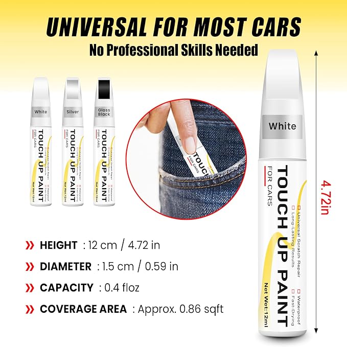 Pure White Touch Up Paint for cars, 2-in-1 Brush & Tip, 0.4 fl oz - Universal Car Scratch Repair Pen for Scratches & Scuffs, OEM Color Match, Quick-Dry & Long-Lasting