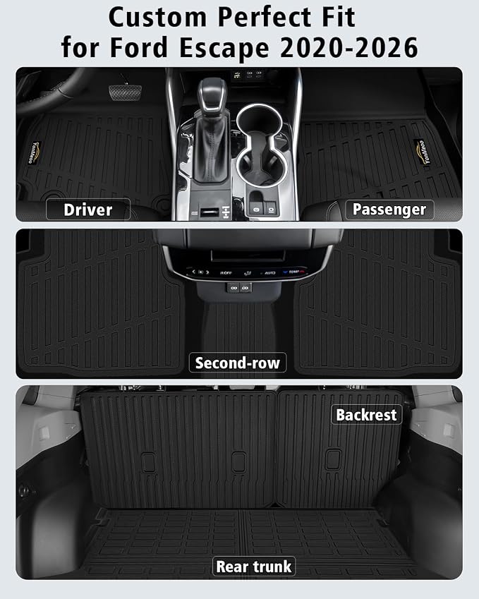Floor Mats Custom for Ford Escape 2020-2025 2026 Trunk Mat with Backrest Mat (NOT for Hybrid) All Weather TPE Full Set Liners Cargo Protector & Door Sill Guards for Escape Accessories, Black