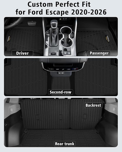 Floor Mats Custom for Ford Escape 2020-2025 2026 Trunk Mat with Backrest Mat (NOT for Hybrid) All Weather TPE Full Set Liners Cargo Protector & Door Sill Guards for Escape Accessories, Black