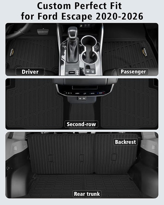 Floor Mats & Cargo Mat & Backrest Mat Custom for Ford Escape 2020-2025 2026 (NOT for Hybrid), Door Sill Guards, All Weather TPE Full Set Floor Liners Trunk Mat for Escape Gas Accessories, Black
