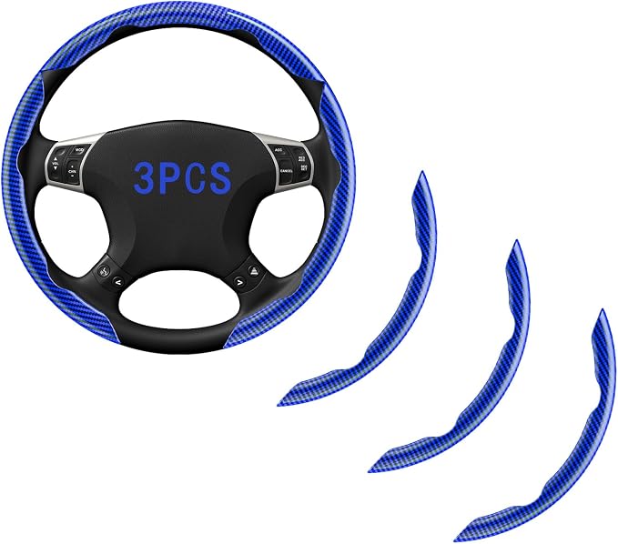 FOAN Steering Wheel Covers, 3PCs Carbon Fiber Anti-Skid Clip on Car Steering Wheel Cover Protector Universal for Most Car, Blue