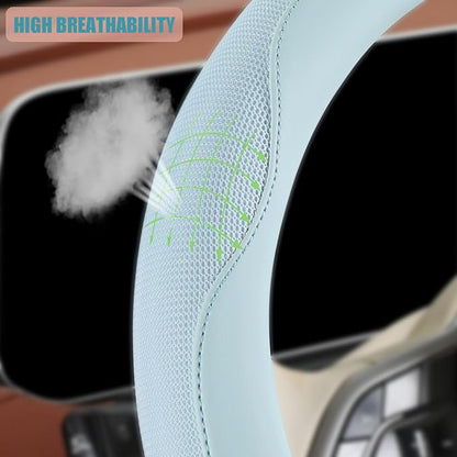 14 inch Steering Wheel Cover for Prius Civic, Nappa Microfiber Leather Non-Slip Breathable Fabric, Warm in Winter and Cool in Summer, Blue Small 13.5 inch to 14 inch