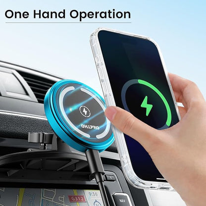 OHLPRO 15W Magsafe Car Mount Charger for iPhone 17, Fast Wireless Charging Magnetic CD Slot Holder with 3M Adhesive Base for Dashboard, Aluminum Shell, Compatible with iPhone 16 15 14 Series, Blue