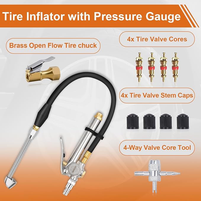 SAFELIFE Tire Inflator 10-120 PSI Tire Pressure Gauge with 18Inch Air Hose，Lock on Air Chuck, Heavy Duty 1/4'' NPT Tire Inflator Gauge Compatible with Air Pump Compressor for Car Truck Motorcycle Bike