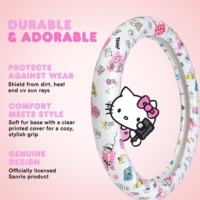 Hello Kitty Steering Wheel Cover, Official Sanrio Car Steering Wheel Cover with Universal Size 14.5-15, Cute White Hello Kitty Car Accessories for Women (Hello Kitty Look at Me)