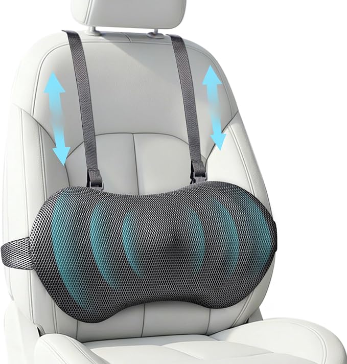 YFONG Lumbar Support Pillow for Car Seat, Back Support with Adjustable Straps Securely Fixed for Driving Seat Pain Relief, Office Chair Car Essentials Back Cushion, Grey