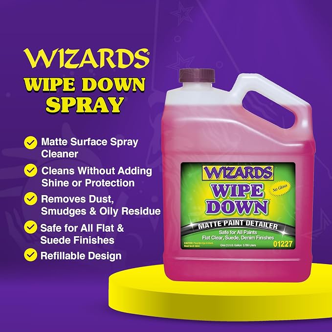 Wizards - Wipe Down Quick Detailer Spray, Matte Finish Car Polish, Automotive Clear Coat for Flat Clear, Suede, Denim Finishes, Car Care Kit Essential for General Finishes, 1 Gallon