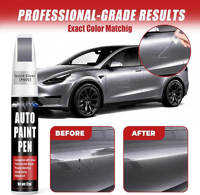 Touch Up Paint for Cars (Quicksilver PN00), Compatible with Tesla Model Y/3, 0.4 fl oz Color Accurate 2-in-1 Car Paint Scratch Repair Pen, Seamless Match, Easy to Use, Long-Lasting