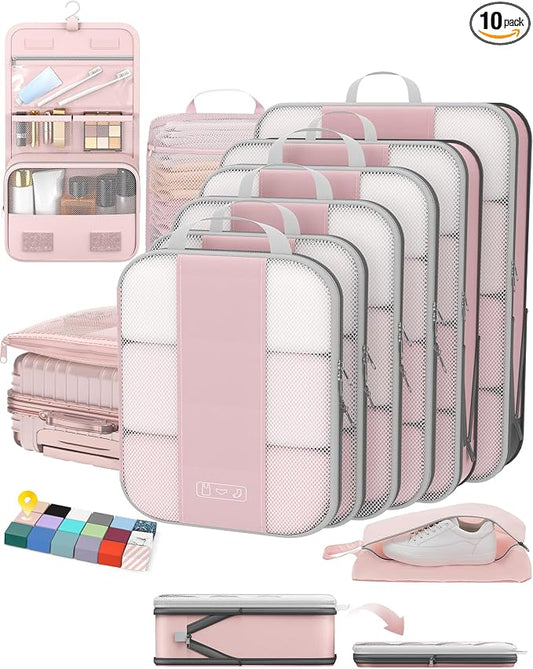 OlarHike 10-Pack Compression Packing Cubes for Travel Essentials,Compressible Expandable Packing Cubes for Suitcase,Luggage Garment Bags for Travel,Handy Helper for Organizing Clothes(Pink)