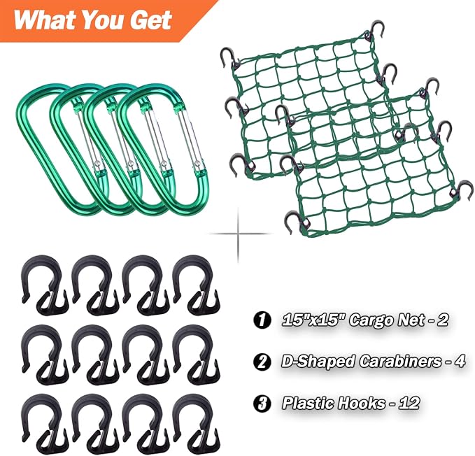 Cargo Net 15"x15" Stretches to 30"x30" with Thicken Hooks | Natural Latex Core, Tight 2”x2” Mesh Small Heavy Duty Bungee Net for Motorcycle Helmet, Bike, ATV, UTV, Luggage (Army Green,2 Pack)