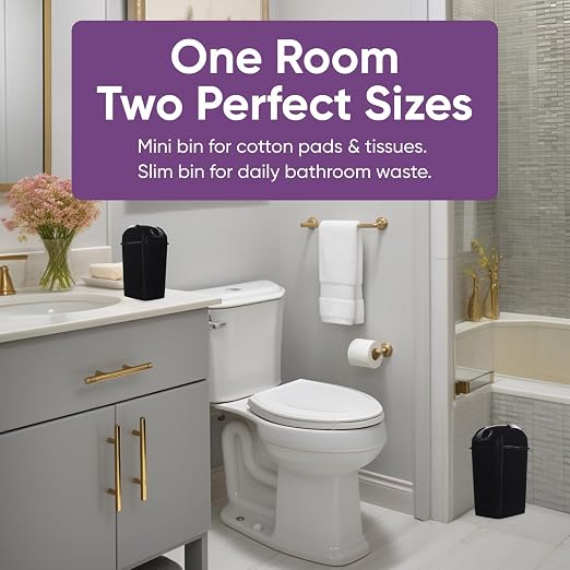 Superio Mini 1.25 Gallon and Small 2.5 Gallon Plastic Trash Cans with Swing Top Lid, Grey Waste Bin for Countertop, Desk, Vanity, Bathroom, 2 Pack (Black)