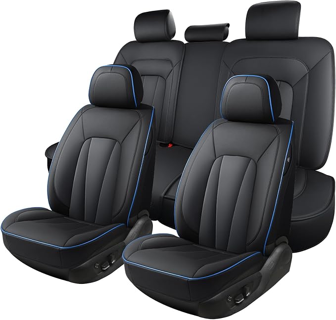 Car Seat Covers Full Set, Leather Seat Covers for Cars, Waterproof Car Seat Protector,Non-Slip Car Interior Covers ，Automotive Seat Covers for Most Cars SUVs, Blue Black