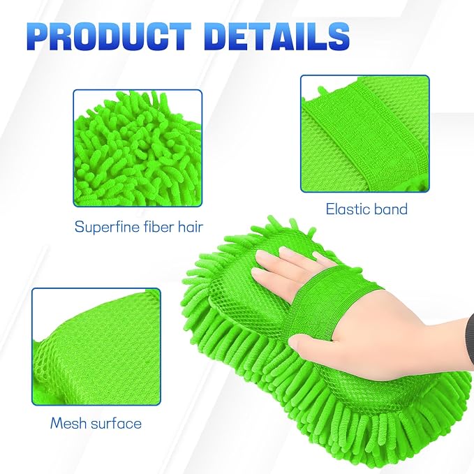 2PCS Microfiber Car Wash Sponge, Double Sided Chenille Microfiber Car Wash Mitt, Scratch Free & Lint Free, Absorbent Automotive Washing Sponges, Auto Cleaning Supplies (Green)