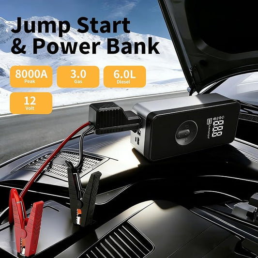 8000A Jump Starter with Air Compressor - 12V Portable Car Battery Booster Pack (Up to 6.0L Gas/3.0L Diesel), 150 PSI Tire Inflator with Detachable Hose, 80000mAh Power Bank for Phones & Tablets