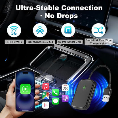 Wireless CarPlay Adapter for iPhone, Apple CarPlay Wireless Adapter USB-C, Bluetooth Connection, Auto-Switch for Multiple iPhones, Fast & Stable, iOS 10+ (Stealth Black)
