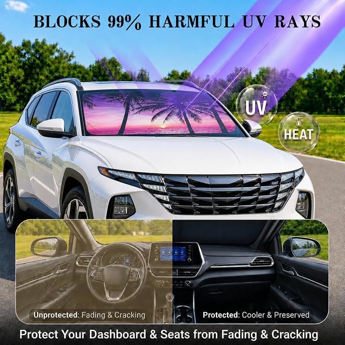 Car Windshield Sun Shade, Vacation Style Foldable Front Window Sunshade, UV Heat Protection Windshield Cover Universal Fits Crossover Mid-Large Sedan SUV Family Vehicle - 63 x 31.5