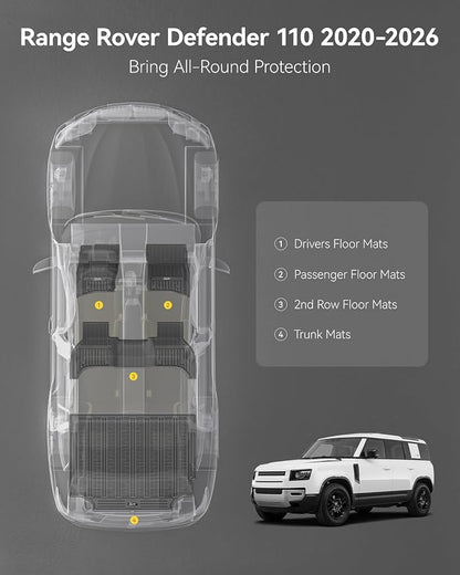 3W Floor Mats&Cargo Liner Fit Land Rover Defender 110 (4 Doors 5 Seat Only) 2020-2025 2026 (Not for Defender 110s/Rubber Flooring), TPE All Weather Custom Fit Floor Liner Full Set, Black