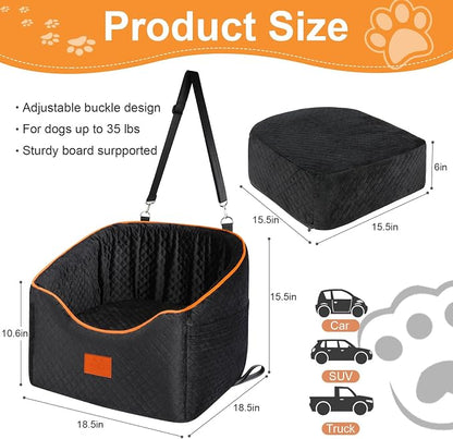 XIEEAOZEE Dog Car Seat for Small Dogs, Memory Foam Booster Dog Seat for Dogs up to 35 lbs, Elevated Pet Car Seat with Washable Removable Cover, Storage Pockets (Black)
