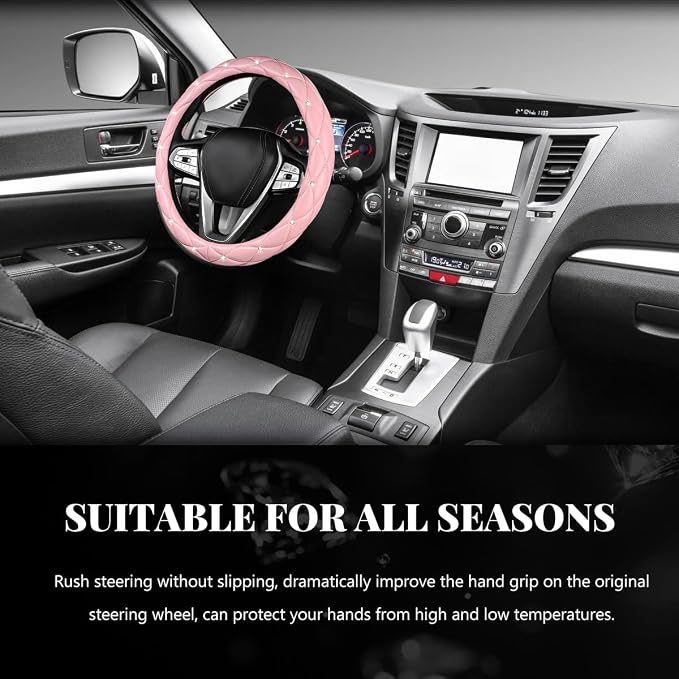 Bling Car Steering Wheel Cover, 15 Inch Diamond Leather Anti-Slip Auto Steering Wheel Protector, Cute Sparkly Rhinestones Wheels Cover Automotive Decoration for Women Girl (Pink)