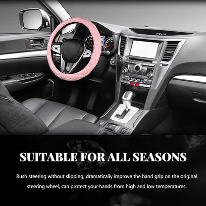 Bling Car Steering Wheel Cover, 15 Inch Diamond Leather Anti-Slip Auto Steering Wheel Protector, Cute Sparkly Rhinestones Wheels Cover Automotive Decoration for Women Girl (Pink)