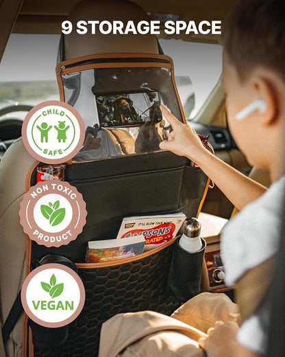 Owleys Back of Seat Organizer for Kids | Car Storage Caddy – 8 Pockets + Transparent Tablet Holder | Waterproof Eco-Leather | 27.5' x 18.5' | Brown+Black