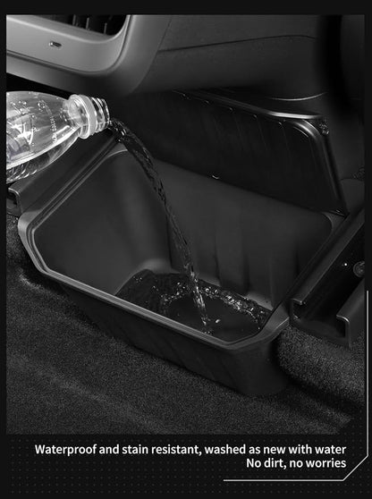 LUCKEASY Rear Center Console Organizer for Tesla Model Y 2021-2024 (Not fit Juniper 2025+) 2nd Row Under Floor Storage Box TPE Connected With ABS Lid Waterproof Model Y Rubbish Bin Anti-scratching