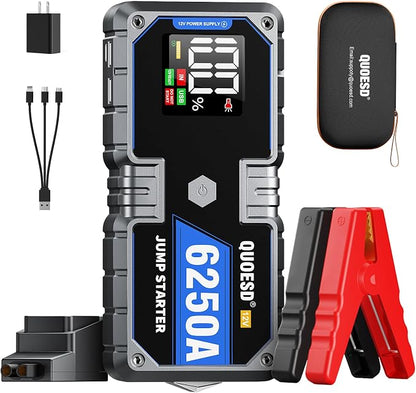 6250A Jump Starter Battery Jump Starter Battery Pack (for All Gas or 9.0+L Diesel), 2 USB Port, 12V Potable Car Jump Start with 3.2″ HD Display 48-Months Stand-by Time