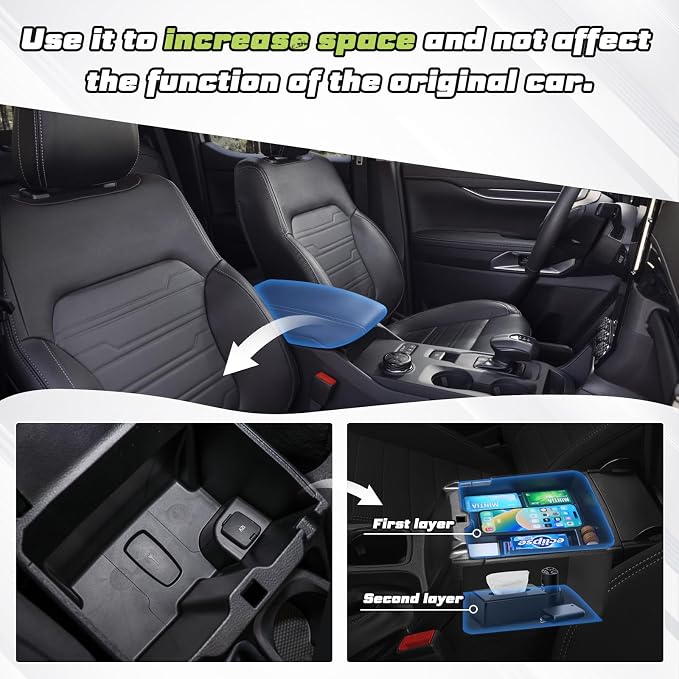 Sunsdrew Center Console Organizer Compatible with 2024-2026 Ford Ranger, Armrest Storage Box Insert with 2 Color Mats, Ford Ranger Accessories - ONLY FIT Electric Handbrake Version