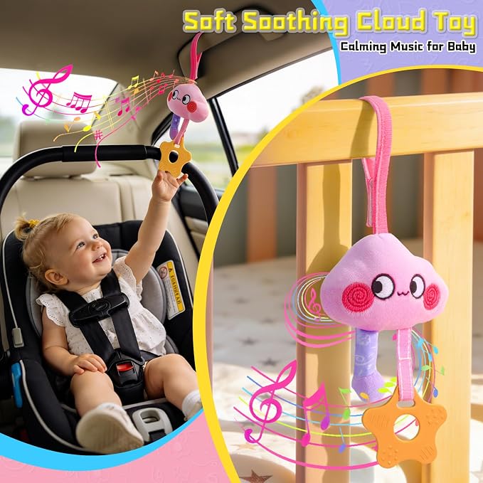 Musical Car Seat Toy for Babies 0-12 Months Girl, Unicorn Activity Hanging Toy Accessories Stroller Toy with Soothing Music