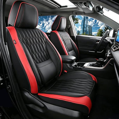 Car Seat Covers , Luxury Breathable Waterproof Faux Leatherette Car Seat Covers Cushion Protectors with Lumbar Support, Car Seat Cushion, Universal Fit Most Cars (Black-Red, Full Set - 5 Seats)