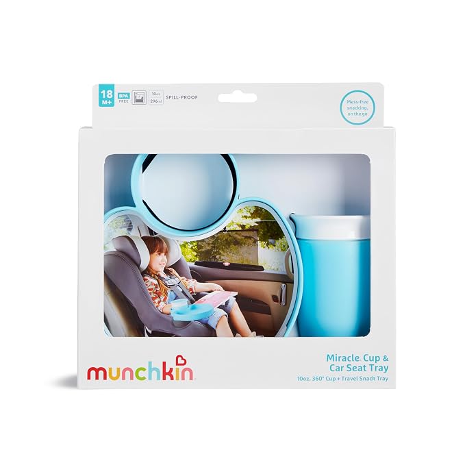 Munchkin Carseat Tray with Miracle 360 Sippy Cup for Toddlers 1-3 - Travel & Road Trip Accessory for Kids, Mess-Free Snacking and Spill Proof Drinking in The Car, Blue