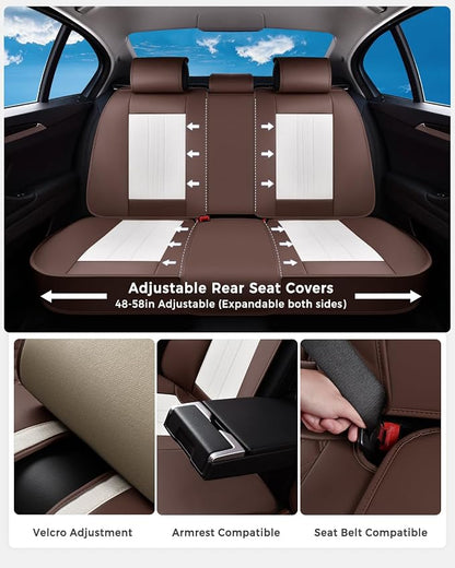Huidasource Car Seat Covers Full Set, Luxury Faux Leather Car Seat Covers, Velcro Adjustable, with Airbags, Child Seat, Cooling＆Heating, Universal Fit for Most Cars, Vans, Trucks, SUVs, Coffee＆White
