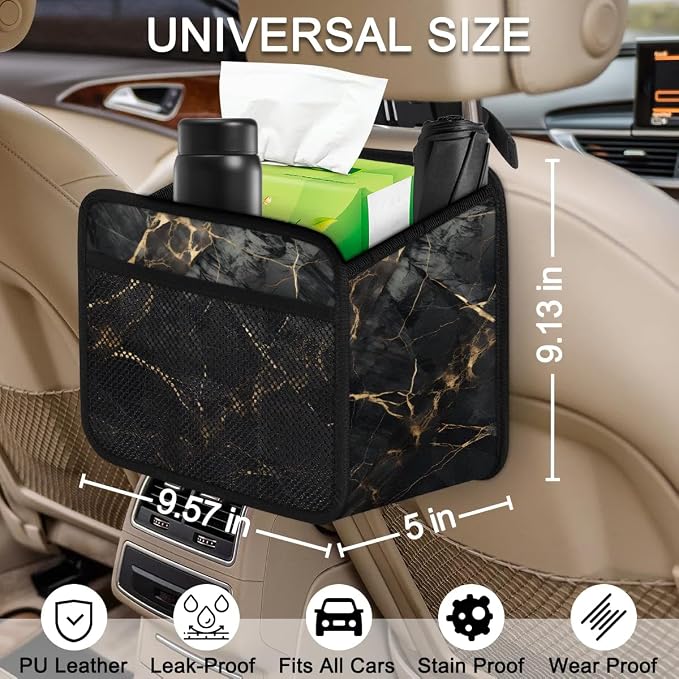 Car Backseat Organizer, PU Leather Back of Seat Cars Hanging Organizer with Pockets Leakproof Car Garbage Bag Hanging Cars Seat Storage Box Travel Accessories Foldable (Marble Black)