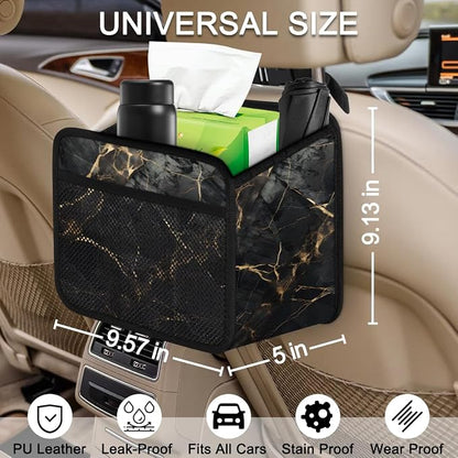Car Backseat Organizer, PU Leather Back of Seat Cars Hanging Organizer with Pockets Leakproof Car Garbage Bag Hanging Cars Seat Storage Box Travel Accessories Foldable (Marble Black)