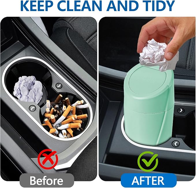 Hovom Mini Car Trash Can with Lid, Portable Garbage Can for Car, Leakproof Cup Holder Automotive Garbage Bin with 2 Rolls of Trash Bags, Small Trash Storage Can for Car Home Office(Light Green)