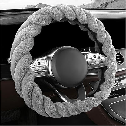 KVAEY Fluffy Car Steering Wheel Cover, 15 Inches Anti-Slip Round Fuzzy Winter Steering Wheel Protector, Soft Warm Plush Steering Wheel Cover for Women Girls, Car Accessories (Gray, D-Shaped)